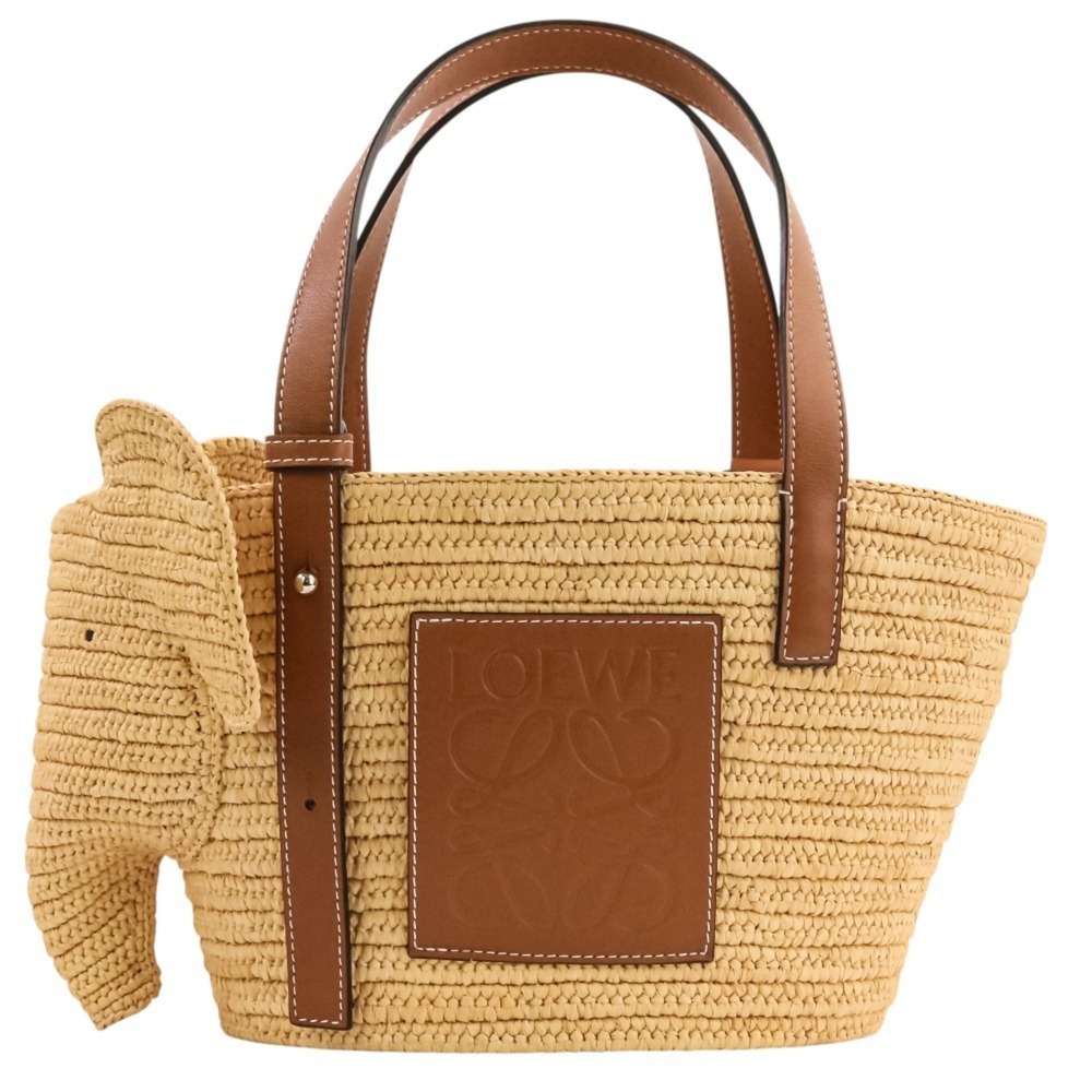 LOEWE Elephant Basket Small Raffia & Calf Tote Bag Handbag Natural Brown Women's
